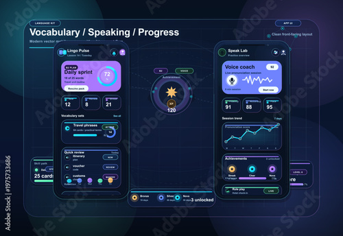 Modern language learning app UI design featuring vocabulary progress, speaking practice, achievement tracking, and interactive statistics on a dark background.