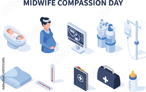 Midwife Compassion Day Isometric Icons Celebrating Birth and Care