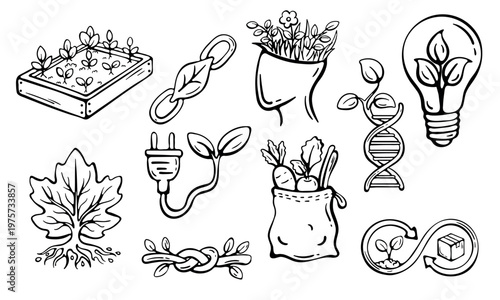 Sustainable gardening and organic farming icon set. Hand drawn doodle illustration of ecological plant growth and natural environment protection.