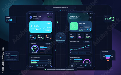 Futuristic user interface design of a mobile creator monetization suite dashboard displaying earnings, analytics, revenue channels, and audience performance metrics.