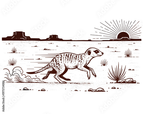 Vintage woodcut style illustration of a running meerkat in the desert
