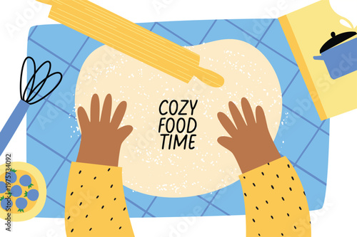 Vector illustration of hands kneading dough, cozy food time concept, home baking and cooking flat style