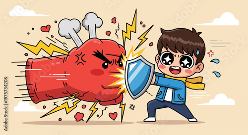 Cartoon boy in a suit fighting a large angry red punching bag with a shield in a humorous office scene