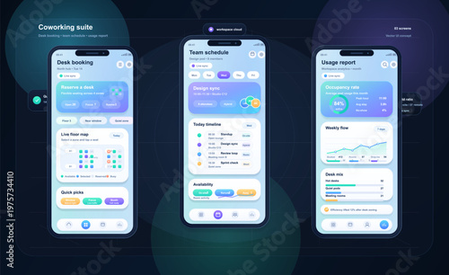 The screen shows a workspace app for desk booking, team scheduling, and usage reports. Users can reserve desks and see real-time availability and occupancy rates.
