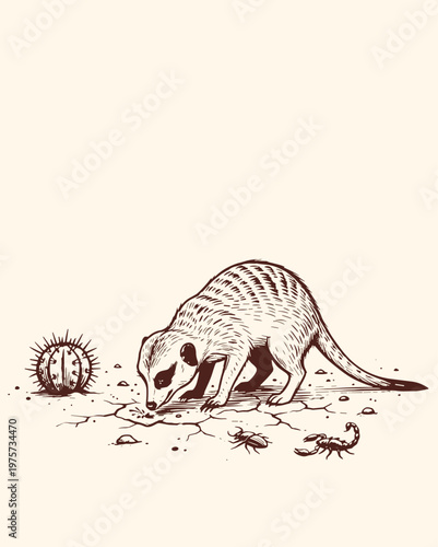 Vintage meerkat foraging in desert illustration with scorpion and beetle