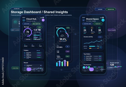 Futuristic cloud storage dashboard interface showing shared insights, usage analytics, team folders, and sync health on a dark digital background.