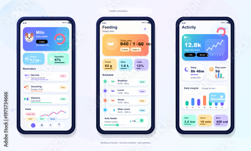 The display shows a mobile health app. It includes sections for reminders, feeding, and activity. Users can track daily health metrics and schedule necessary tasks on their devices.