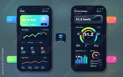 Cycling data. The left side shows distance and route details. The right side shows performance metrics. The time is listed along with data for speed and power zones.