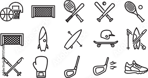 Set of kitchen utensils tools and sports equipment icons