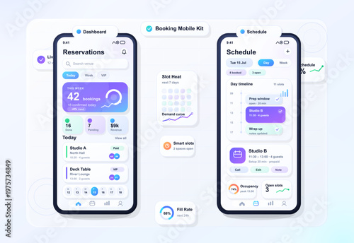 Modern mobile app interface for booking and scheduling with dashboard and analytics features, displaying reservations, schedules, and occupancy statistics on smartphones.