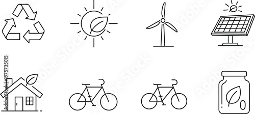 Set of 8 line icons representing ecology, renewable energy and sustainable living.