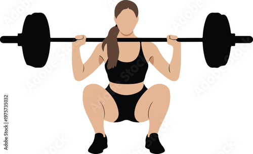 Minimalist fitness illustration of woman performing barbell squat with weights strength training vector design