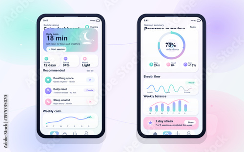 Two smartphone screens display a modern meditation and wellness app interface with progress tracking, session recommendations, and calming pastel colors.