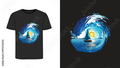 Artistic t shirt print design featuring sailboat in swirling ocean waves under moon light.