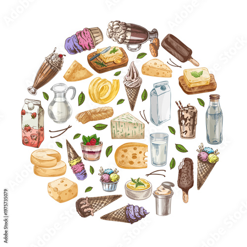 Hand drawn vintage sketch dairy and dessert circle composition with milk cheese butter ice cream food illustration design