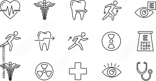 Medical and health services thin line icons set with tooth heart eye and caduceus symbols.