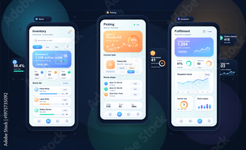 Modern warehouse management mobile app interface showing inventory tracking, order picking progress, and fulfillment analytics with colorful data visualizations.
