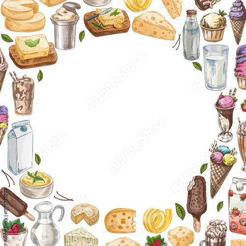 Hand drawn vintage sketch dairy and dessert frame with milk cheese butter ice cream border illustration design