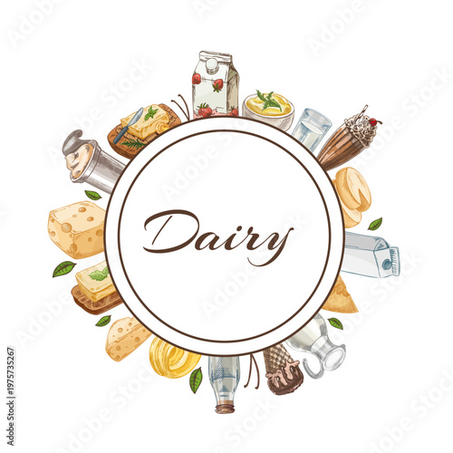 Hand drawn vintage sketch dairy badge template with milk cheese butter ice cream round label illustration design
