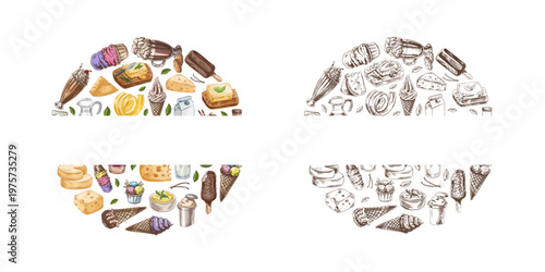 Hand drawn vintage sketch dairy and dessert border with colored and monochrome versions milk cheese butter illustration