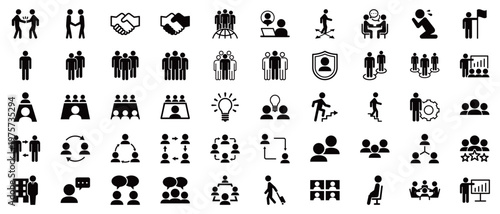 ビジネス・人物・コミュニケーションのモノクロアイコン詰め合わせセット（ベクター・シルエット・シンプル・会議・ネットワーク）