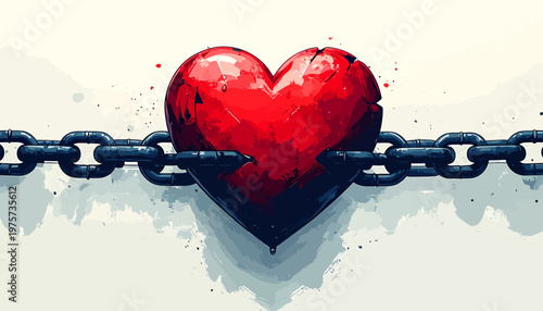 A broken heart is shackled by heavy chains, symbolizing emotional distress and a difficult, challenging situation or relationship