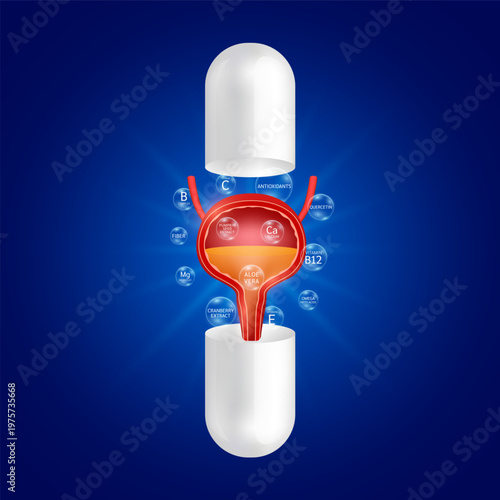 Model the human bladder is floating in open capsule. Surrounded by bubble Minerals Calcium Fiber Vitamin B12. Supplement essential for organ. Health care medical. Vector.