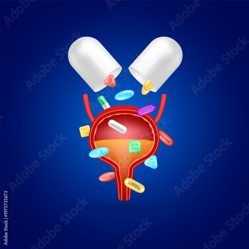 Pill Minerals Magnesium Calcium Quercetin Omega 3 Vitamin E fell out of the open capsule. Model the human bladder is located on the bottom. Supplement essential for organ. Health care medical. Vector.