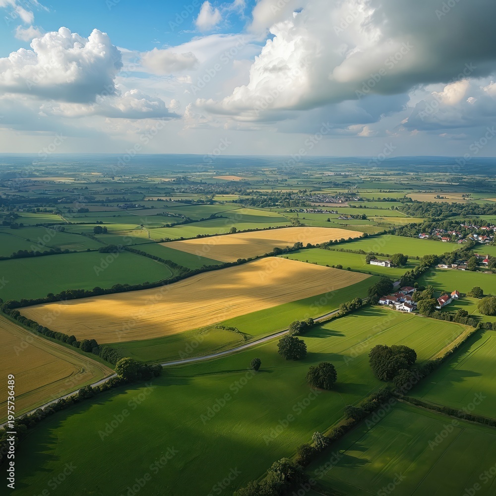 Obraz premium Aerial view of vast green and golden fields divided by trees and hedges. Rural landscape with small village and clear blue sky with white clouds. Sunny day on the countryside.