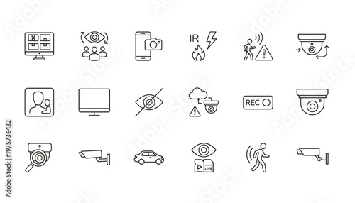 Remote access, Alert, Surveillance monitoring line icon set, ctv, dome, detection