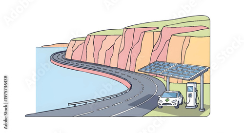 Electric car charging at solar powered station by the road