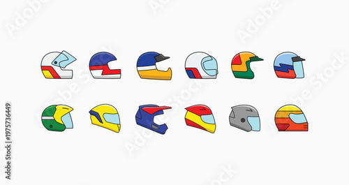 Free Download Modern and retro motorcycle helmet icons set. Collection of vintage racing helmet logo icon in colorful cartoon style vector illustration - GFXLoad