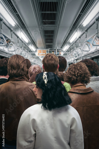 Crowded subway interior from behind with packed passengers during peak hour commute. Concept of anonymity, mass movement, urban pressure, limited space, and everyday commuting experience.