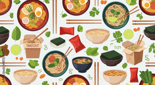 Ramen Noodle Soup Food Illustration Pattern.