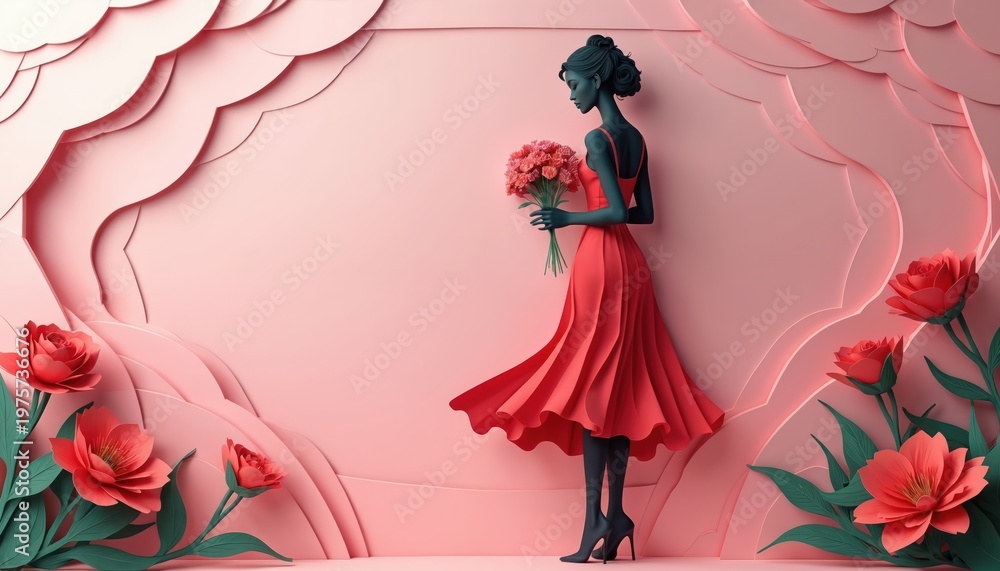 Fototapeta premium Woman in red dress holding flowers. Paper art style illustration features elegant silhouette, roses, soft pink backdrop. Feminine beauty theme for decor, fashion, or celebration.