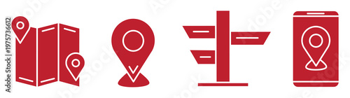 3D red location pin icons with buildings and medical cross for navigation and services