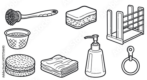 Bathroom cleaning supplies and accessories.