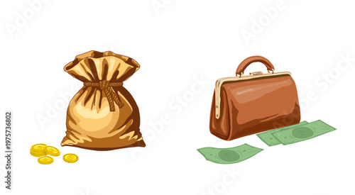 A money bag and purse, gold coins, and a stack of green banknotes. Vector illustration. Hand-drawn set, isolated on a white background. Not AI.