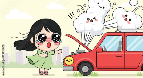 Cute cartoon girl with black hair and big eyes standing next to a red car with fluffy clouds and smiling faces