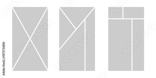 Image collage layout template. Grey mosaic mood board grid collection. Picture frame set. Photo album idea for banner, poster, comic page, flyer, brochure, booklet, memory wall design. Vector pack