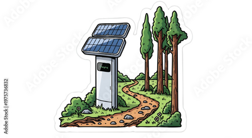 Solar powered outhouse in forest with trees and path