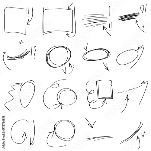 Frames and arrows, hand-drawn, sketch. Vector illustration. Funny doodles, lines to highlight important information, set of oval frames on a white background