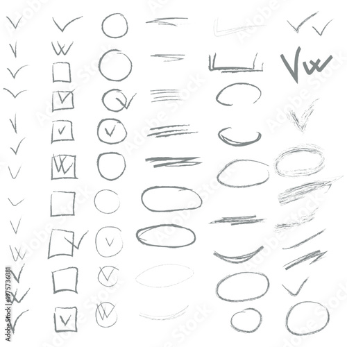 Checkmarks. Icons of approval of voting and consent with "Yes" ticks, simple black flags and signs, simple hand-drawn symbols, a set isolated on a white background. Vector illustration