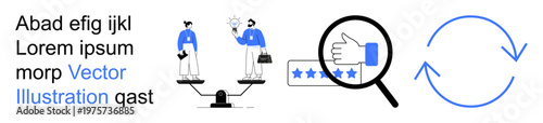 Business ethics, customer reviews, decision-making, evaluation process, progress, transparency. Two figures on a balance scale, rating with magnifying glass refresh symbol. Business ethics