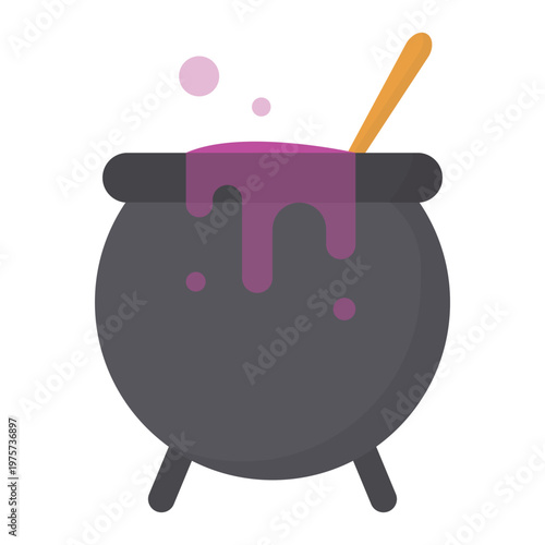 Magic black cast iron cauldron pot with fire and gold isolated on white background for Halloween witch potion or Saint Patrick holiday celebration cartoon vector illustration