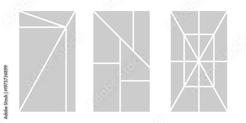 Image collage layout template. Grey mosaic mood board grid collection. Picture frame set. Photo album idea for banner, poster, comic page, flyer, brochure, booklet, memory wall design. Vector pack