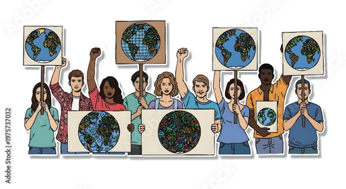 Diverse group of people holding Earth signs in protest or awareness campaign