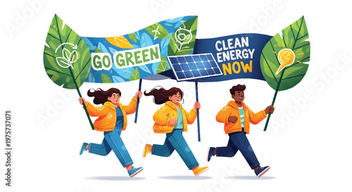 People running with eco-friendly banners for clean energy and sustainability