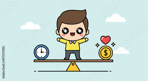 Cute cartoon girl balancing on a seesaw with a clock and money symbols representing work-life balance and time