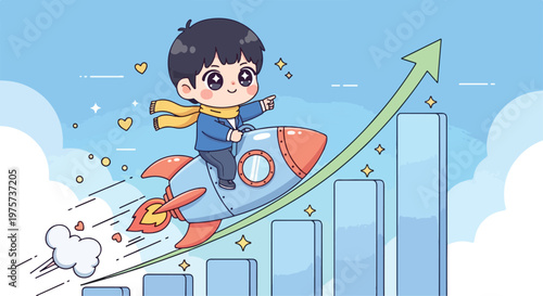 Cute cartoon boy riding a rocket ship soaring above increasing bar graphs representing growth and success